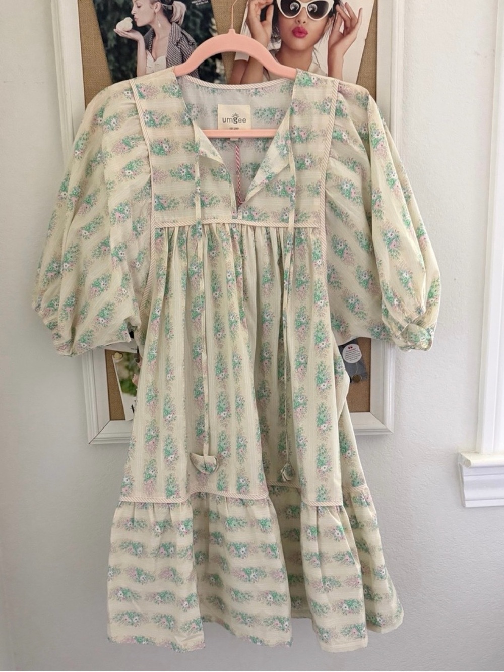 Umgee Cream Dress with Mint and Pink Floral Print